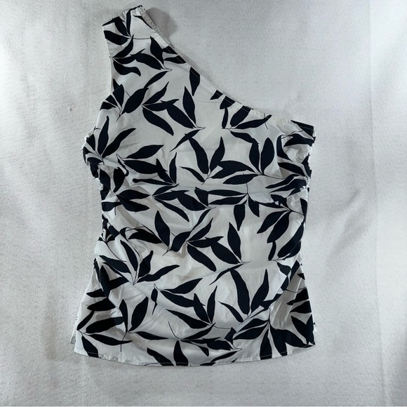 One-Shoulder Black and White Leaf Print Top formal business casual beach summer - Picture 2 of 15